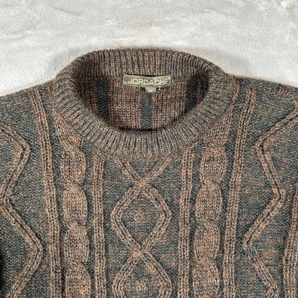 VTG Jordache Cable Knit Sweater Mens M Brown Mohair Wool Coogi-Style 3D Textured - Picture 6 of 15